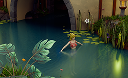 Castle pool party at night.